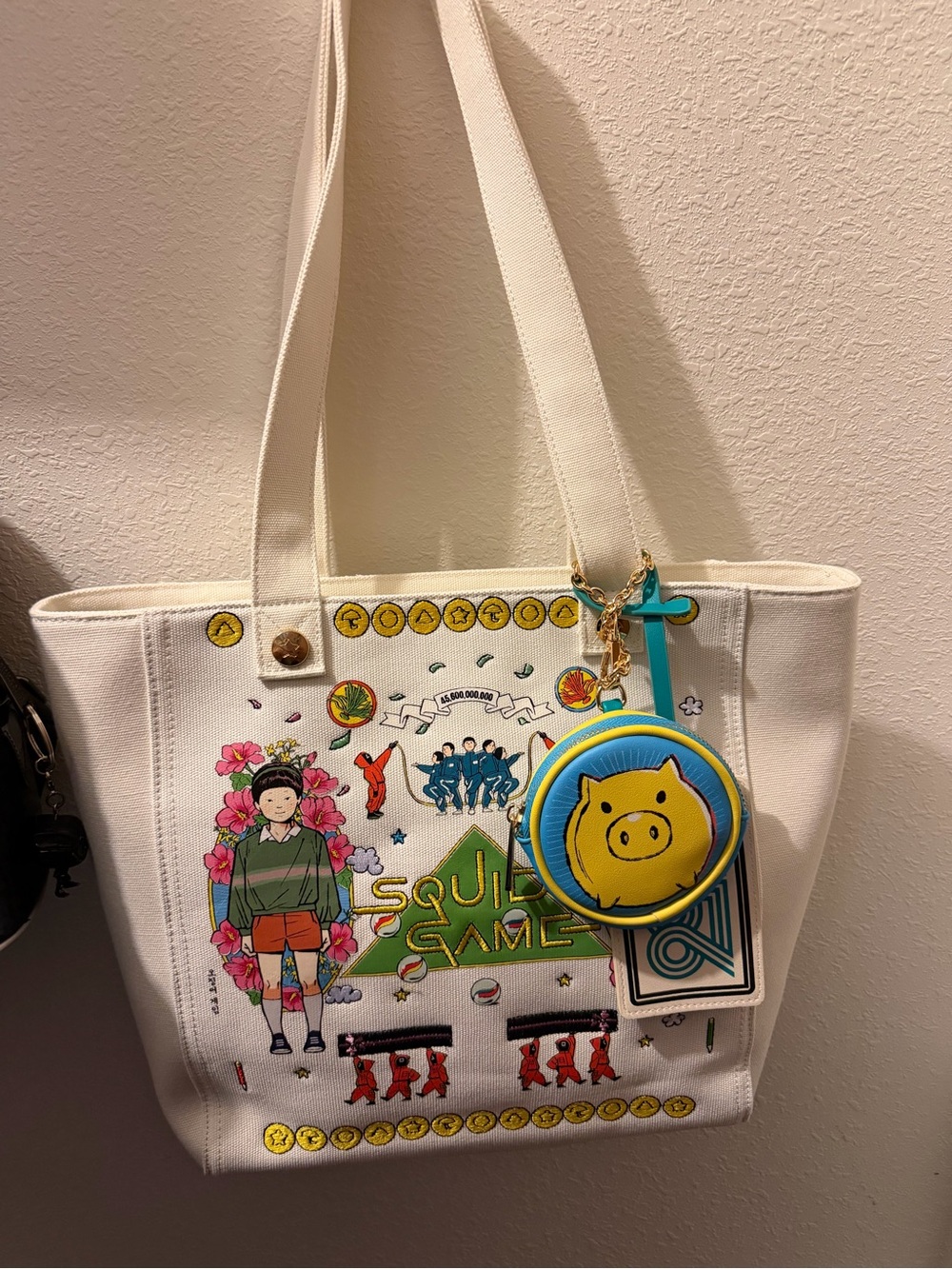 Cream Canvas Tote Bag with Colorful Squid Game Print